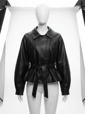 Trench court cuir synthétique vintage femme ceinturé - Vue 1 - Trench court